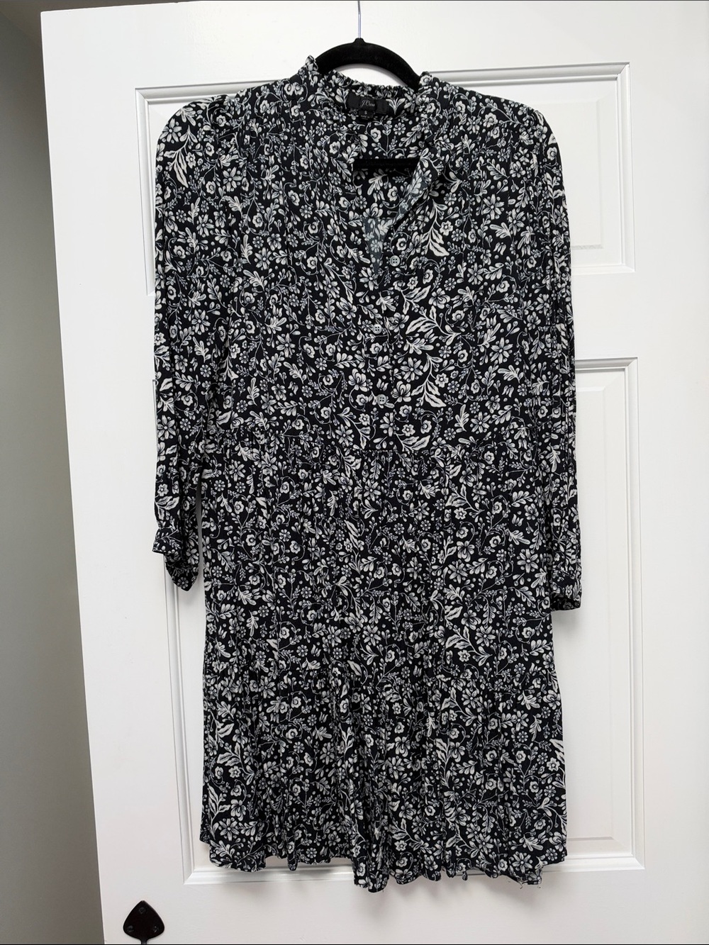 J. Crew Floral Tiered Long-Sleeve Dress in Navy and White